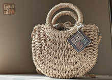 Load image into Gallery viewer, NATURAL WOVEN STRAW HANDBAG WITH MOON HANDLE
