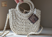 Load image into Gallery viewer, NATURAL WOVEN STRAW HANDBAG WITH MOON HANDLE IN CREAMY WHITE
